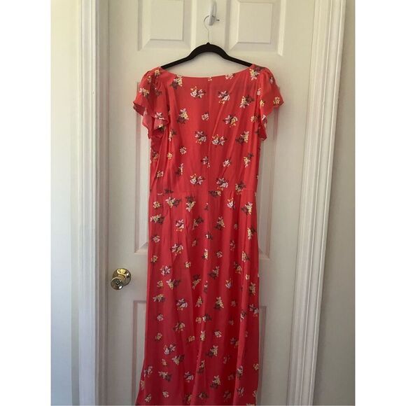 Loft Floral Cap Sleeve Button Midi Dress Coral size 12 *Semi-sheer* - Picture 5 of 7
